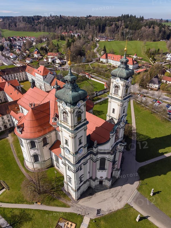 Aerial view of the Baroque Basilica of St. Alexander and Theodor, Ottobeuren Abbey, Ottobeuren, Unterallgäu, Bavaria, Germany