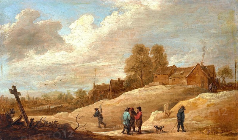 A landscape with figures on the outskirts of a town, painting by David Teniers (baptised 15 December 1610 in Antwerp, died 25 April 1690 in Brussels), Flemish painter, draughtsman and curator. He was an innovator in a variety of genres such as history painting, genre painting, landscape, portrait and still life. He is most remembered today as the leading Flemish genre painter of his time, reproduction from a 17th century painting. Authentic, file restored for optimal use, exact date of original unknown