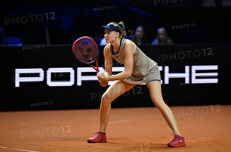 Action Elena Jelena Rybakina (KAZ) Perimeter advertising PORSCHE Women's Porsche Tennis Grand Prix Porsche Arena, Stuttgart, Baden-Württemberg, Germany