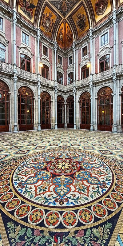 Floor mosaic in the courtyard, Palácio da Bolsa, neoclassical style stock exchange, magnificent building, UNESCO World Heritage Site, Porto, Portugal