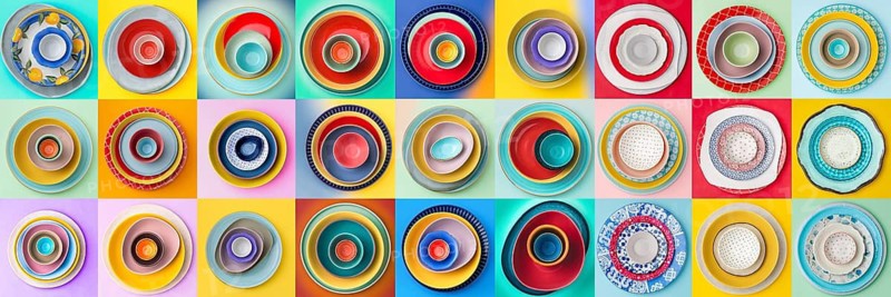 A vibrant array of decorative plates and bowls displayed on colorful backgrounds. Each square features a unique combination, creating an eye catching visual pattern