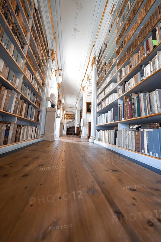 Corridor in a library with two high bookshelves and a wooden floor, which has a calming effect, Weimar, Germany