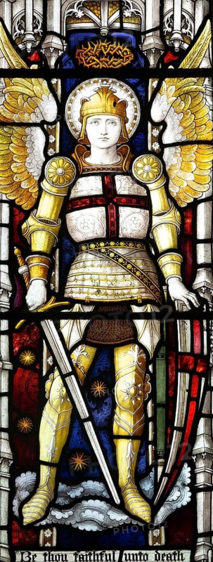 Detail of stained glass window depicting Saint George, Clayton and Bell, Boulge church, Suffolk, England, UK - Suffolk Regiment memorial 1900