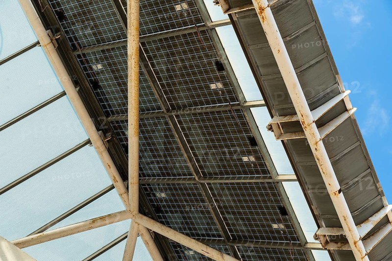Solar panels from below on a festival site in Barcelona, Spain