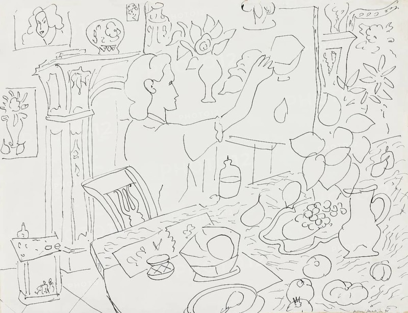 Henri Matisse, Henri Emile Benoit Matisse (born 31 December 1869, died 3 November 1954 in Cimiez), French painter, graphic artist, draughtsman, Classical Modernist. Here his work:, Femme dans l'intérieur à la Nature Morte au Magnolia (1941), Woman in Interior with Still Life with Magnolia, Woman in Interior with Magnolia Still Life, Painting, Reproduction of the painting, Work of art, Historical, Woman in studio drawing a still life, surrounded by creative elements