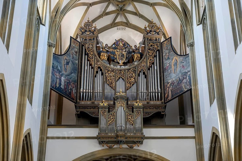 The Fugger organ also called Ulrich's organ, originally from 1608 in the Basilica of St. Ulrich and Afra, old town of Augsburg, Swabia, Bavaria, Germany