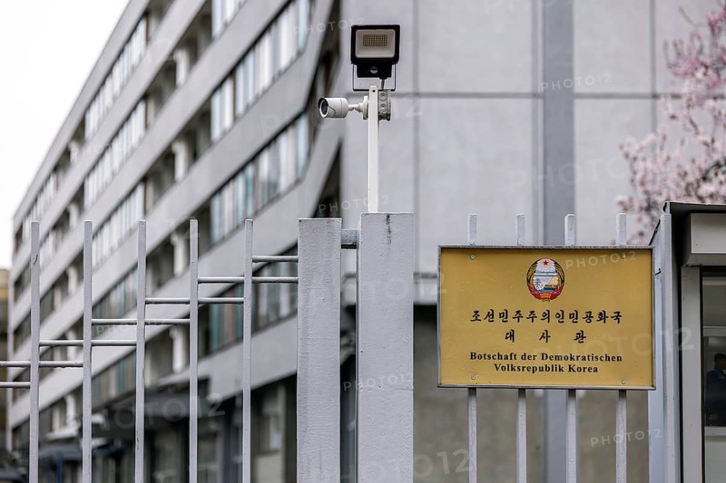 Embassy of the Democratic People's Republic of Korea. Better known as North Korea. Exterior view with national emblem, security camera and fence. Berlin, Germany