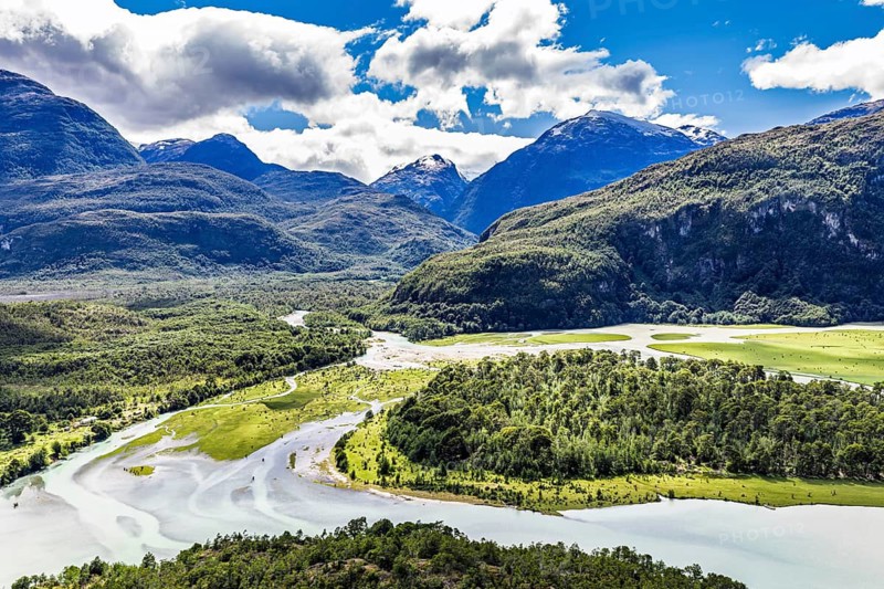 Islands in the river Rio Baker, mountain range, north of Puerto Yungnay, aerial view, Patagonia, Chile