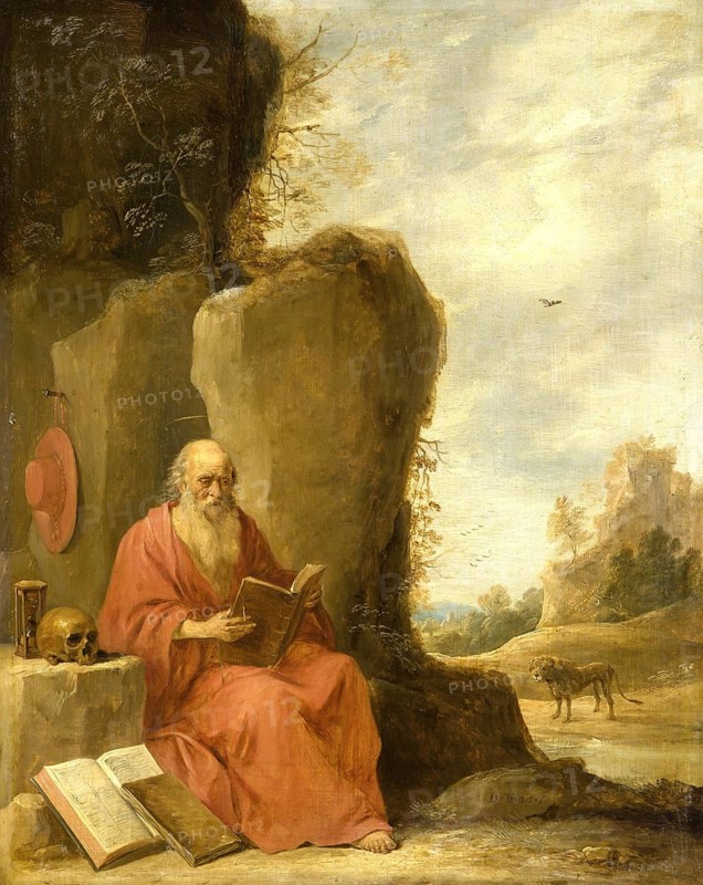Saint Jerome in the Desert (ca. 1640-1645), painting by David Teniers (baptised 15 December 1610 in Antwerp, died 25 April 1690 in Brussels), Flemish painter, draughtsman and curator. He was an innovator in a variety of genres such as history painting, genre painting, landscape, portrait and still life. He is most remembered today as the leading Flemish genre painter of his time, reproduction from a 17th century painting. Authentic, file restored for optimal use, exact date of original unknown