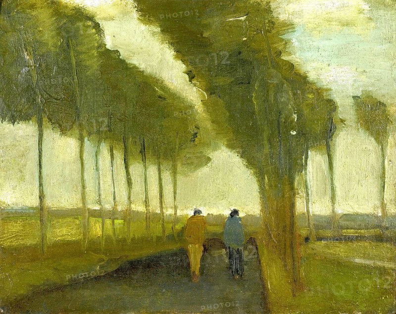 L'allée Aux Deux Promeneurs (1883), Allee mit zwei Spaziergängern (1883), Painting by Vincent Willem van Gogh (born 30 March 1853 in Groot-Zundert, died 29 July 1890 in Auvers-sur-Oise), Dutch painter and draughtsman, one of the founders of modern painting, Illustration, Reproduction from a painting. Authentic, exact date of the original unknown, Historical, Two walkers on a tree-lined path under a cloudy sky