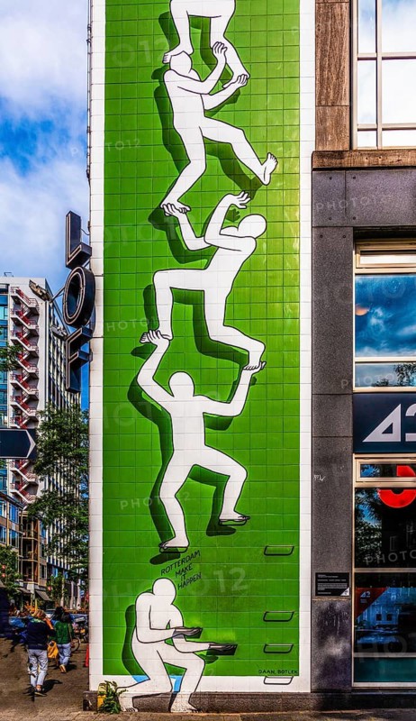 Artwork from the Rotterdam Make It Happen street art campaign in the city center, invites passers-by to become part of the work of art through built-in steps, Rotterdam, the Netherlands