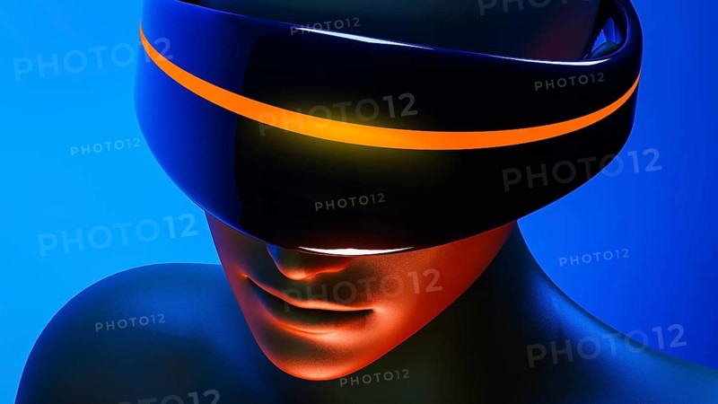 A humanoid wearing virtual goggles experiences an augmented world filled with artificial intelligence and futuristic elements under vibrant lighting