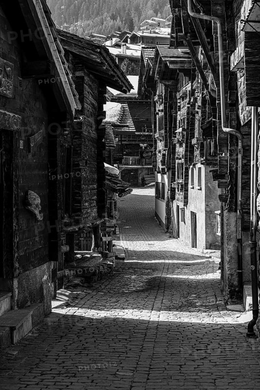 Old farmhouses in the Rue du Village, black and white photo, historic town center, Grimentz, Val d'Anniviers, Valais Alps, Canton of Valais, Switzerland