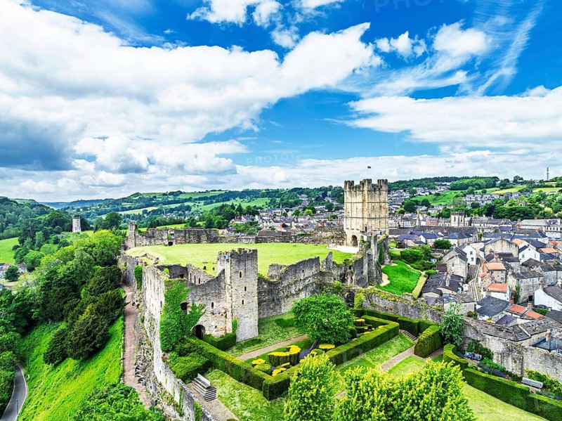 Richmond Castle from a drone, Richmond, Yorkshire Dales, North Yorkshire, England, United Kingdom
