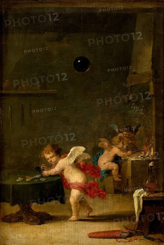 Amoretti in an alchemist's workshop (ca. 1635-1637), painting by David Teniers (baptised 15 December 1610 in Antwerp, died 25 April 1690 in Brussels), Flemish painter, draughtsman and curator. He was an innovator in a variety of genres such as history painting, genre painting, landscape, portrait and still life. He is most remembered today as the leading Flemish genre painter of his time, reproduction from a 17th century painting. Authentic, file restored for optimal use, exact date of original unknown