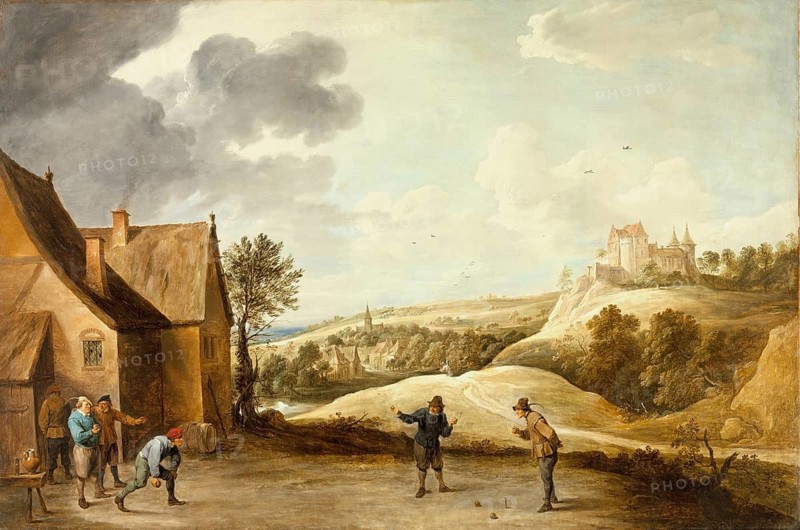 Landscape with Peasants Playing Skittles in Front of an Inn (c. 1660), painting by David Teniers (baptised 15 December 1610 in Antwerp, died 25 April 1690 in Brussels), Flemish painter, draughtsman and curator. He was an innovator in a variety of genres such as history painting, genre painting, landscape, portrait and still life. He is most remembered today as the leading Flemish genre painter of his time, reproduction from a 17th century painting. Authentic, file restored for optimal use, exact date of original unknown