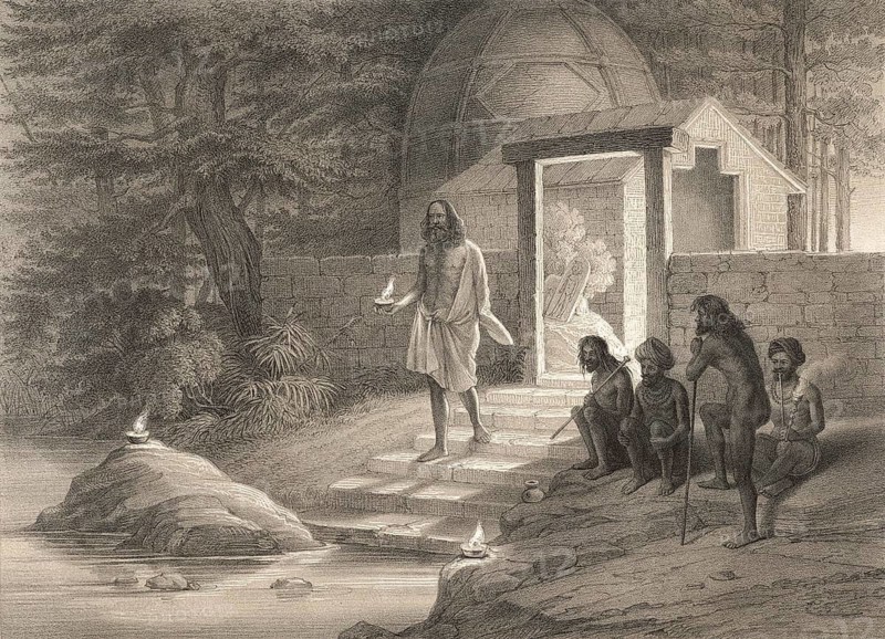 Hindu pilgrims on the banks of the river Bhagirathi, Gangotri, Uttarkashi district, Uttarakhand, India, 1845, by Prince Waldemar of Prussia