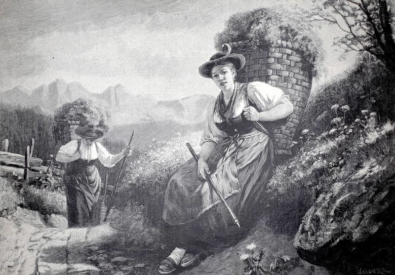 Sennerines bring grass from the Alm in baskets, 1891, Austria, authentic, digitally restored reproduction from a 19th century model, exact date of depiction unknown, historical, woman in traditional clothing carry baskets across a mountainous landscape