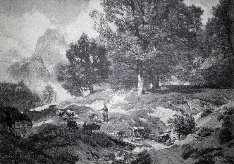 Landscape in Ramsau with cows and a shepherd, 1890, near Berchtesgaden, Bavaria, Germany, illustration, reproduction from a model from the 19th century. Authentic, file restored for optimal use, exact date of original unknown, historical, shepherd with cows in an idyllic landscape with trees and mountains
