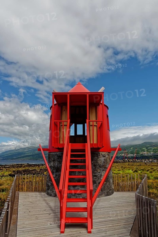 Red windmill Moinho das Lajes with a staircase leading up against a partly cloudy sky, fishing village, Lajes do Pico, Lajes, Pico Island, Azores, Portugal