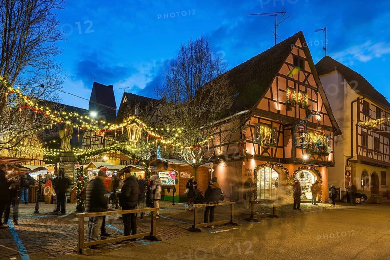 Christmas market, blue hour, Eguisheim, Haut-Rhin, Grand Est Region, Alsace, France