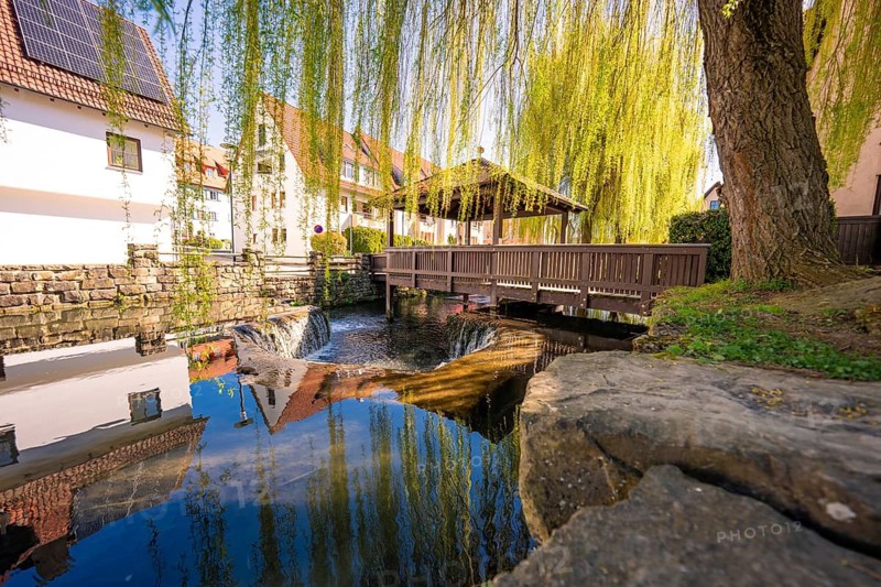 A wooden bridge with willows in the background is reflected in the water, Aidlingen, Böblingen district, Germany