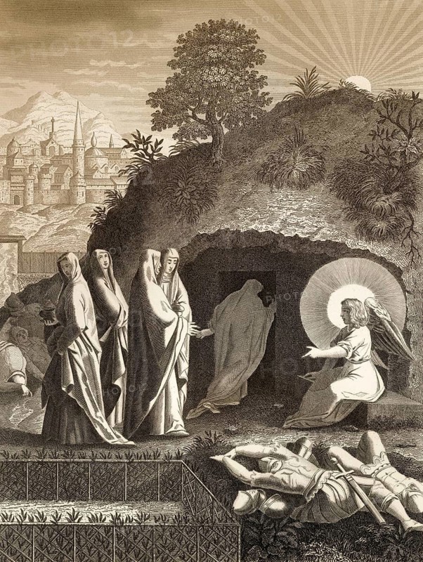 The empty tomb, Resurrection of Jesus, New Testament, steel engraving 1853, digitally restored