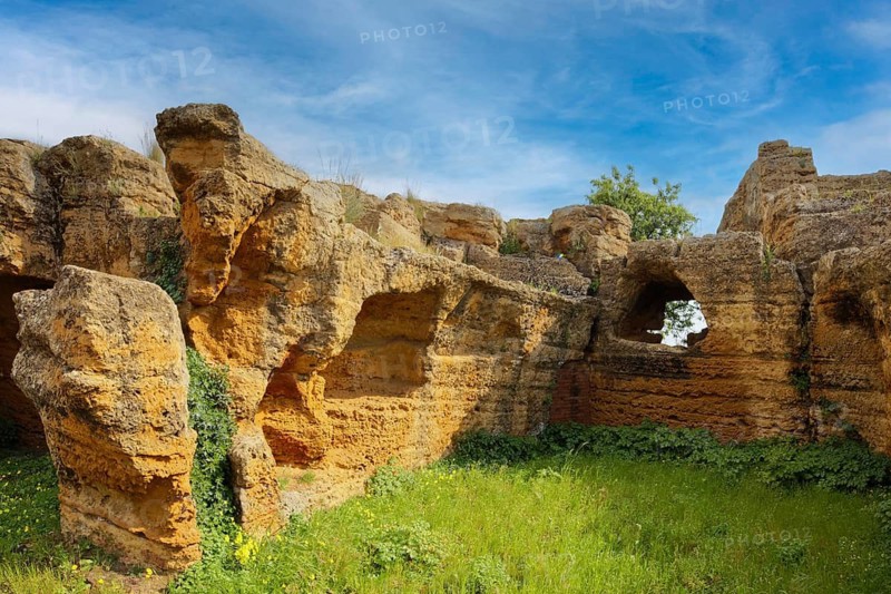 Relics of ancient rock tombs, Arcosol tombs (Arcosolia), Valley of the Temples, Valle dei Templi, near Agrigento, Sicily, Italy, Mediterranean Sea