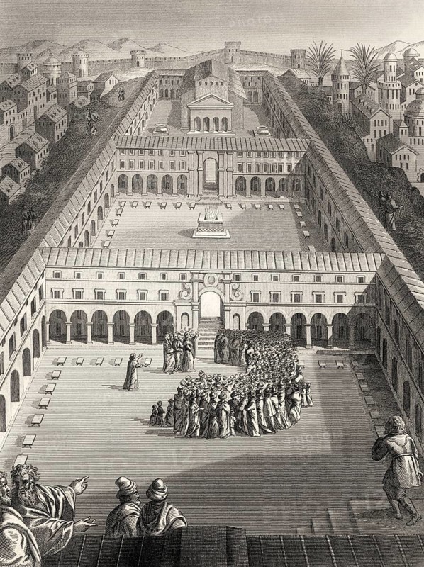 The parable of the Pharisee and the Publican, Second Temple, Jerusalem, New Testament, steel engraving 1853, digitally restored
