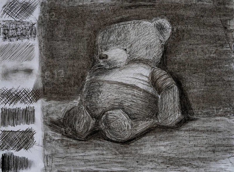 A detailed drawing showcases a teddy bear sitting quietly on a textured surface. The artwork uses shades of gray to create depth and realism, highlighting the soft features and gentle expression of the bear