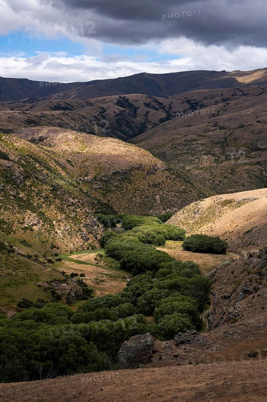 Landscape in New Zealand. View from Lindis Pass Tarras Road towards Cluden Creek Road. Lindis Valley, Otago, South Island, New Zealand