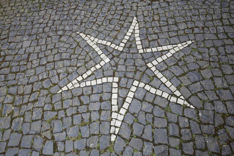 Floor mosaic with white pentagonal star, pointed, square, paving stones, monochrome, black and white, stone house, museum der Schwalm, Ziegenhain, Schwalmstadt, Hesse, Germany