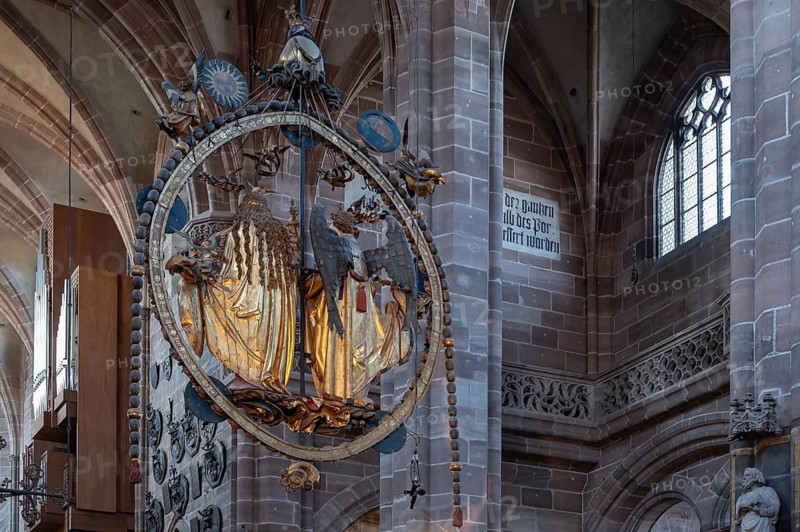 The angel's greeting from the artist Veit Stoß, from 1517, St. Lorenz Church, Nuremberg, Middle Franconia, Bavaria, Germany