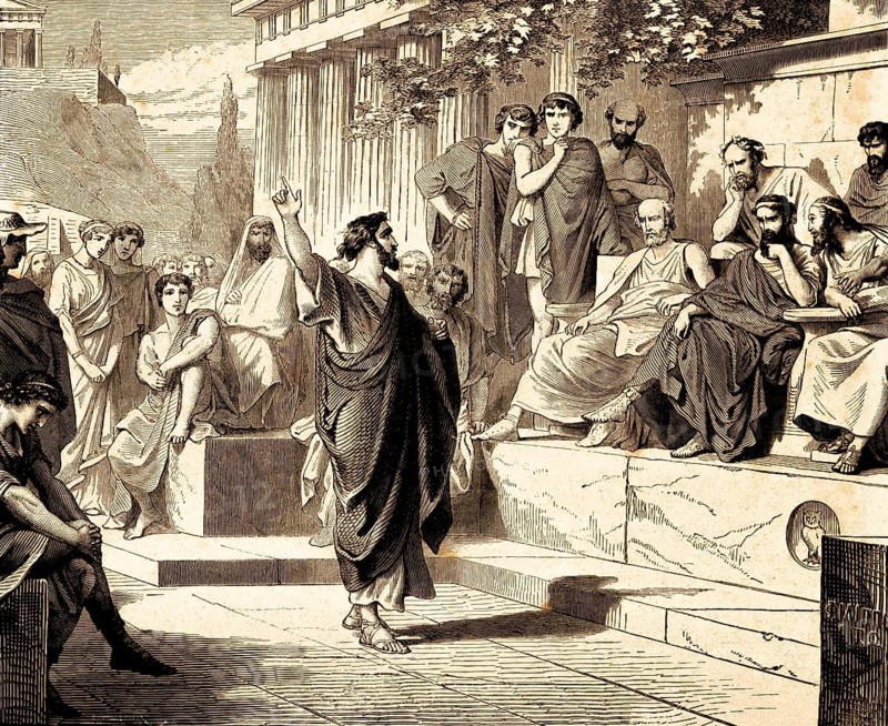 Paul preaches in Athens on the place of execution, the Acts of the Apostles, chapter 17, verse 22, New Testament, men, listening, superstition, unknown god, god, heaven, earth, crowd, temple, steps, city superior, toga, Bible, historical illustration 1850