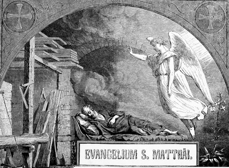 Beginning of the Gospel, Matthew Gospel, angel, sleep, woodworking, boards, tools, inscription, New Testament, Bible, historical illustration 1850