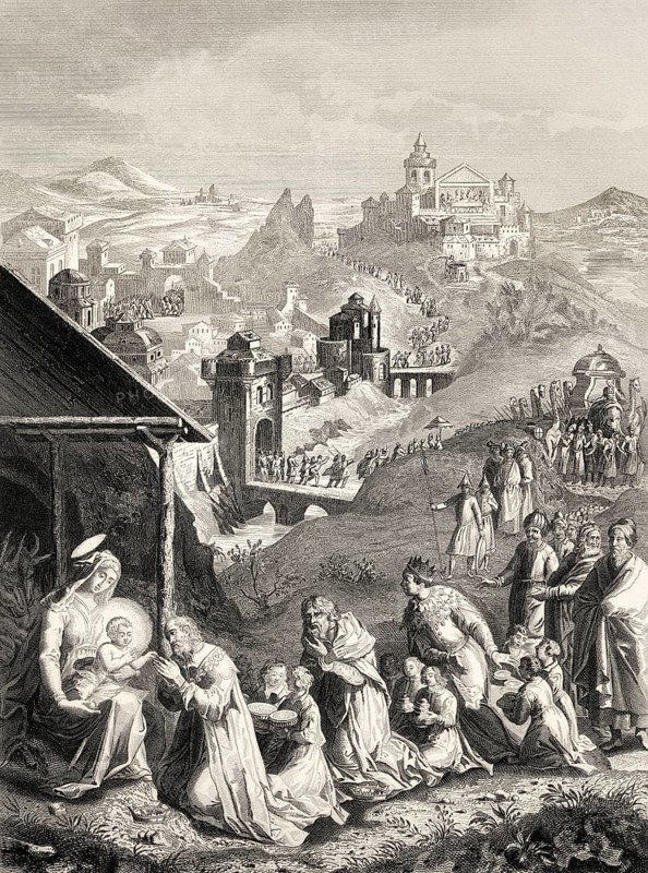The epiphany of Jesus, Arrival of the Magi, steel engraving, 1853, digitally restored