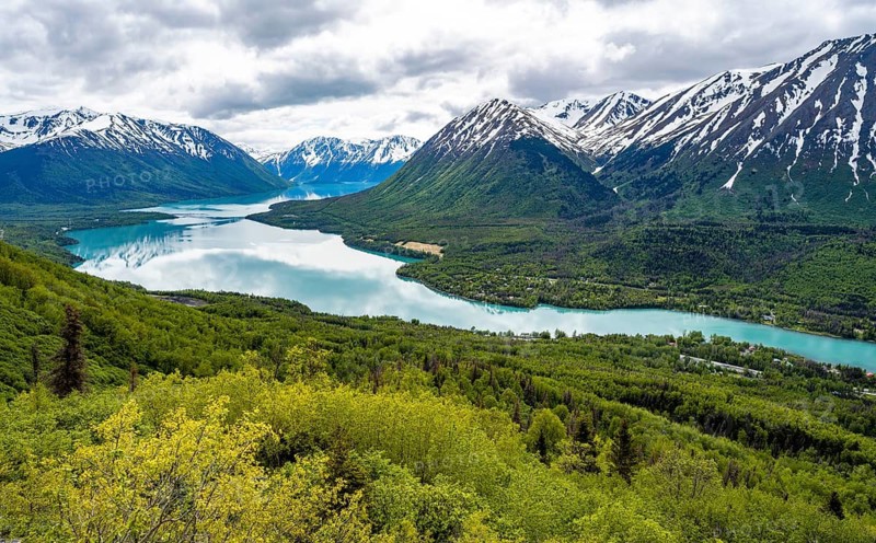 View of snowy mountains in spring and turquoise blue Kenai Lake, Slaughter Ridge Trail, Cooper Landing, Kenai Peninsula, Alaska, USA