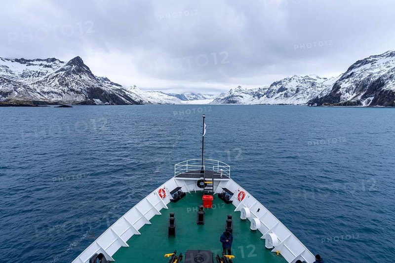 Bow of an expedition ship enters fjord, snow-capped mountains and glaciers in the background, cloudy sky, Drygalski Fjord, South Georgia