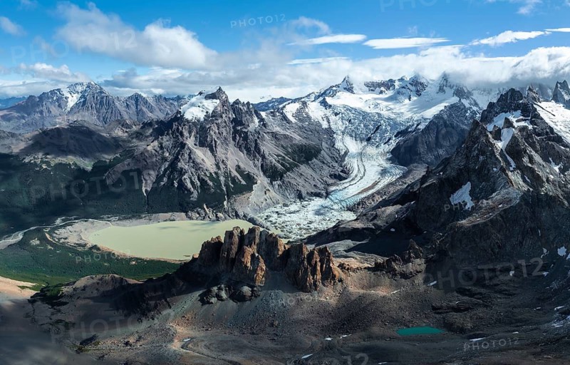 Aerial view, epic panorama, large glaciers, glacial lakes Lago de los Tres Laguna Sucia and Laguna Torre, mountains and peaks of Monte Fitz Roy and Cerro Torre, Fitz Roy mountain range, Cerro Chalten, Los Glaciares National Park, Patagonia, Santa Cruz Province, Argentina