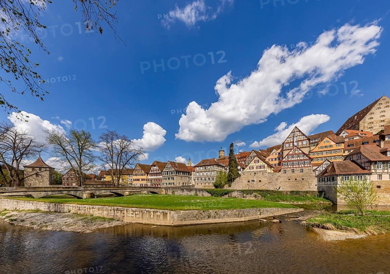 Grasbödele with an ensemble of buildings. City view of Schwäbisch Hall, Baden-Württemberg, Germany