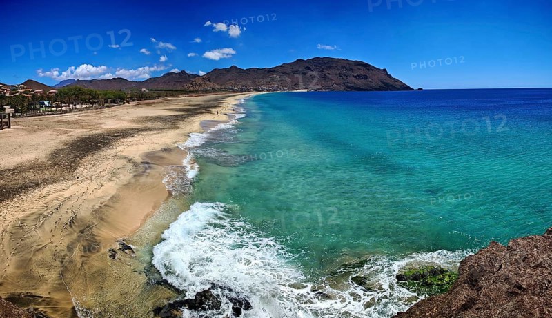 View from above of vast coastal landscape with transparent water and gentle waves on a sandy beach, hiking, Sao Pedro, Sao Vicente, Cabo Verde, Cape Verde, Cape Verde