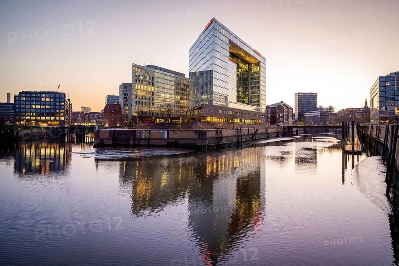 Mirror House on Ericusspitze at Blue Hour with Reflection in the Fleet, Hamburg, Germany