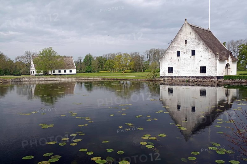 A white manor house on the banks of a pond, with clear reflections and floating water lilies, Gyldensteen Gods, manor house route, Funen, Denmark
