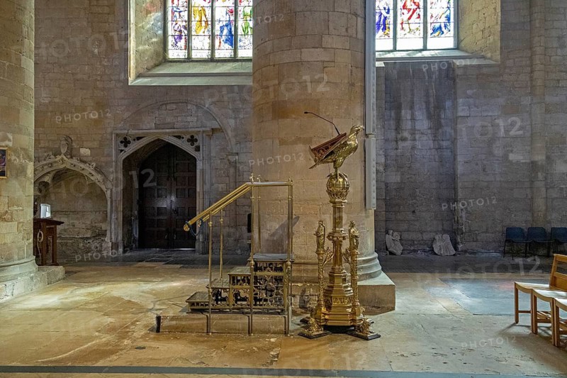Brass eagle reading desk, interior view, former abbey church, Tewkesbury, Gloucestershire, England, Great Britain