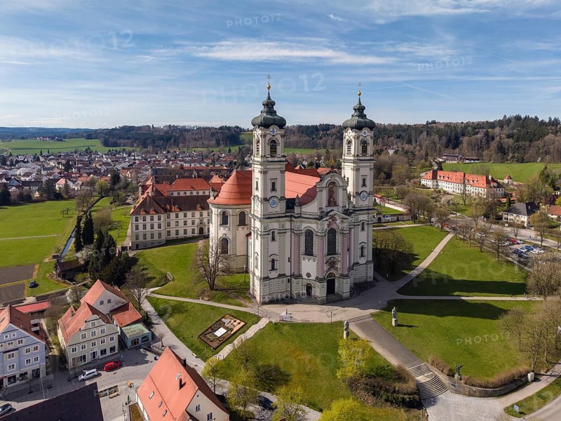 Aerial view of the Baroque Basilica of St. Alexander and Theodor, Ottobeuren Abbey, Ottobeuren, Unterallgäu, Bavaria, Germany