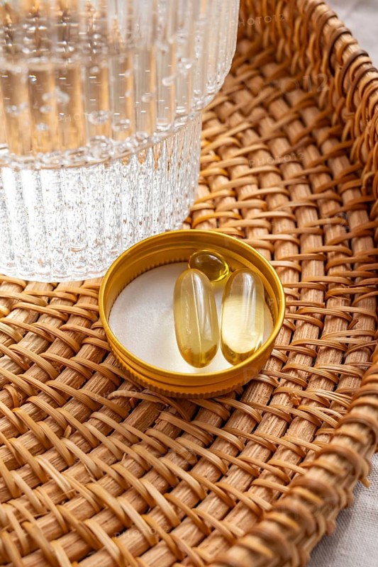 Close-up view of Omega 3 fish oil capsules and Vitamin D3 placed in a yellow lid on a decorative rattan tray, alongside a glass of water, emphasizing a healthy supplement regimen