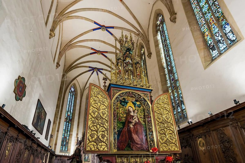 Famous medieval painting, Madonna in the Garden of Roses, by Martin Schongauer, Dominican Church, Église des Dominicains, Colmar, Haut-Rhin Department, Alsace, France