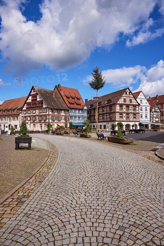 Market square with maypole and half-timbered houses in Gengenbach, Black Forest, Ortenaukreis, Baden-Württemberg, Germany