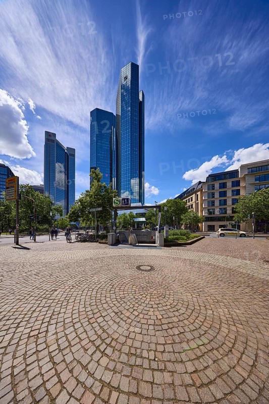 Deutsche Bank Tower and Taunusanlage underground station in Frankfurt am Main, district-free city, Hesse, Germany