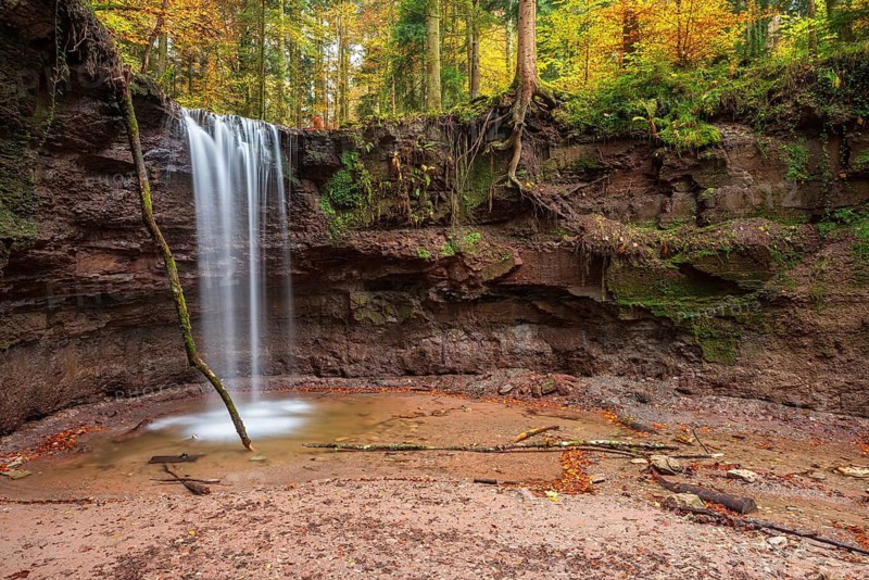 The front waterfall of the Hörschbach in autumn, Hörschbachtal, Hörschbachschlucht, Swabian-Franconian Forest nature park Park, Baden-Württemberg, Germany